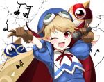  13-gou 1girl apron blonde_hair blue_headwear bow brown_bag cape curly_hair dress fangs gloves goggles goggles_on_head hat long_hair looking_at_viewer marivel_armitage microphone one_eye_closed open_mouth pointy_ears red_eyes ribbon smile vampire wild_arms wild_arms_2 