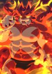  1boy abs absurdres bara black_male_underwear bulge colored_sclera cowboy_shot cthugha_(tokyo_houkago_summoners) fangs fingernails fire furry glowing glowing_eyes highres jockstrap large_pectorals looking_at_viewer male_focus male_underwear monster_boy muscular muscular_male navel nipples octopus_boy orange_theme over_shoulder pectorals purple_eyes purple_nails sharp_fingernails short_hair solo stomach sword sword_over_shoulder tentacle_hair tentacles thick_eyebrows thick_thighs thighs tokyo_houkago_summoners tt_(ptcmtr) underwear underwear_only weapon weapon_over_shoulder yellow_sclera 
