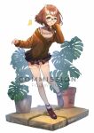  1girl :o acrylicstroke brown_footwear brown_hair bug butterfly checkered checkered_skirt commission full_body glasses highres insect jacket original plant pleated_skirt short_hair simple_background skirt solo sweater_jacket thighhighs vase white_background white_legwear 