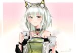  1girl absurdres animal_ear_fluff animal_ears arknights artist_name bangs bare_shoulders black_choker breasts choker cleavage coffee_mug criss-cross_halter cup dress eyebrows_visible_through_hair green_dress green_eyes halterneck highres holding holding_cup jewelry kal&#039;tsit_(arknights) long_sleeves looking_at_viewer lynx_ears mug multicolored multicolored_background off-shoulder_dress off_shoulder open_mouth oripathy_lesion_(arknights) rhodes_island_logo ring seabread short_hair silver_hair smile solo upper_body 