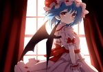  1girl bangs bat_wings blue_hair bow closed_mouth curtains dise from_side hat hat_ribbon highres indoors looking_at_viewer mob_cap pink_headwear pink_shirt pink_skirt red_bow red_eyes red_ribbon remilia_scarlet ribbon shirt short_hair short_sleeves skirt solo standing touhou window wings wrist_cuffs 
