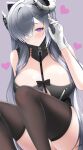  1girl animal_ears august_von_parseval_(azur_lane) azur_lane bangs bare_shoulders black_bow black_dress black_legwear blush bow breasts cat_ears cleavage cleavage_cutout clothing_cutout commentary_request dress eyebrows_visible_through_hair fake_animal_ears gloves grey_hair hair_between_eyes hair_over_one_eye hand_up heart heart-shaped_pupils highres horns large_breasts long_hair looking_at_viewer megumi_kei parted_lips purple_eyes sidelocks signature simple_background sitting skindentation sleeveless sleeveless_dress smile solo symbol-shaped_pupils thighhighs white_gloves 