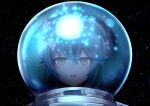  1girl bangs blue_hair blush elf hololive nawate_(dij) outer_wilds pointy_ears reflection smile solo space spacesuit supernova_(star) upper_body virtual_youtuber yellow_eyes yukihana_lamy 