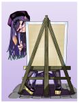  1girl absurdres bangs beret easel geema-geema glasses hair_behind_ear hat highres holding holding_paintbrush hololive hololive_english leaning_to_the_side ninomae_ina&#039;nis paintbrush pantyhose pointy_ears purple_eyes purple_footwear purple_hair purple_headwear smile solo tentacle_hair virtual_youtuber 