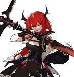  arknights bag black_dress demon_girl demon_horns dress fingerless_gloves gloves highres holding holding_weapon horns infection_monitor_(arknights) jacket long_hair looking_to_the_side no_(xpxz7347) purple_eyes red_hair rhodes_island_logo surtr_(arknights) sword weapon 