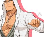  1boy abs bara bead_necklace beads chest_hair facial_hair hood hood_up hooded_jacket houzouin_oniwaka jacket jewelry large_pectorals long_sideburns male_cleavage male_focus mature_male muscular muscular_male necklace open_clothes open_jacket pants_boxer pectorals pointing pointing_at_self scar_on_forehead short_hair sideburns solo stubble thick_eyebrows tokyo_houkago_summoners upper_body white_jacket 