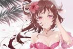  1girl animal_ears arknights arm_up backlighting bare_shoulders bikini blush breasts brown_hair cleavage collarbone commentary_request crying crying_with_eyes_open eyjafjalla_(arknights) eyjafjalla_(summer_flowers)_(arknights) flower goat_ears goat_horns hair_flower hair_ornament hand_in_hair happy_tears hibiscus highres horns kaminarichyan long_hair looking_at_viewer medium_breasts off-shoulder_bikini off_shoulder official_alternate_costume parted_lips petals pink_bikini pink_flower purple_eyes smile solo swimsuit tears upper_body 