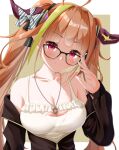  1girl ahoge black-framed_eyewear black_jacket bow breasts camisole cleavage dragon_horns frilled_shirt frills glasses hand_up head_tilt highres hololive horn_bow horns jacket jewelry kiryu_coco large_breasts long_hair long_sleeves looking_at_viewer multicolored_hair necklace off_shoulder pink_eyes pointy_ears shirt sleeveless sleeveless_shirt smile solo spaghetti_strap streaked_hair striped striped_bow twintails upper_body very_long_hair virtual_youtuber white_shirt yakatora 