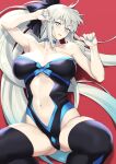  1girl bangs bare_shoulders black_bow black_legwear black_leotard blue_eyes bnc_(bunshi) bow braid breasts center_opening choker cleavage collarbone fate/grand_order fate_(series) french_braid grey_hair hair_bow highleg highleg_leotard large_breasts leotard long_hair looking_at_viewer morgan_le_fay_(fate) navel parted_lips ponytail sidelocks solo thighhighs thighs very_long_hair 