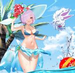  1girl 1other absurdres alternate_costume artist_name ball bare_shoulders beach beachball bikini bikini_top blue_bikini blue_flower blue_sarong blush breasts cleavage cloud collarbone commentary_request creature day eyebrows_visible_through_hair fate/grand_order fate_(series) flower flower_hat fou_(fate) hair_over_one_eye hand_on_headwear hat highres huge_filesize in_water jewelry ksami large_breasts looking_at_viewer mash_kyrielight navel open_mouth outdoors palm_tree pink_hair purple_eyes red_flower sarong short_hair signature sky smile stomach sun_hat swimsuit tree water wet white_headwear 
