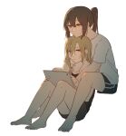  2girls :o bare_legs barefoot between_legs black_shirt black_shorts blonde_hair bored brown_hair chin_on_head chinese_commentary closed_mouth collarbone commentary_request earrings feet full_body head_rest highres holding holding_tablet_pc hug hug_from_behind jewelry legs long_hair multiple_girls natsuyiro_x ponytail shirt shorts simple_background stud_earrings t-shirt tablet_pc towel towel_around_neck white_background white_shirt yuri 