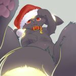  :3 ancesra animal_focus artist_name blurry blurry_foreground blush christmas closed_mouth clothed_pokemon collar commentary commission crescent english_commentary fur-trimmed_headwear gen_2_pokemon glowing green_background happy hat highres leg_up light_blush looking_at_viewer lying neon_trim no_humans nose_blush on_back pawpads pokemon pokemon_(creature) pom_pom_(clothes) red_eyes red_headwear santa_hat simple_background smile solo spread_legs umbreon watermark 