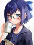  1girl a-chan_(hololive) absurdres aqua_eyes bangs blue_bow blue_hair blue_jacket blue_shirt blush bow cellphone closed_mouth commentary_request cup eyebrows_visible_through_hair glasses hair_bow hands_up highres holding holding_cup holding_phone hololive jacket kito_koruta lanyard looking_at_viewer open_clothes open_jacket phone pinstripe_pattern pinstripe_shirt shirt short_hair signature simple_background smartphone solo striped upper_body virtual_youtuber white_background 