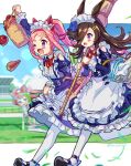  3girls agnes_digital_(umamusume) alternate_costume apple apron blue_flower blue_rose bow broom bucket carrot ear_ornament flower food frilled_skirt frills fruit hair_bow hair_over_one_eye haru_urara_(umamusume) high_ponytail highres holding holding_broom kingin long_hair maid maid_apron maid_headdress multiple_girls one_eye_closed pink_hair purple_eyes red_bow rice_shower_(umamusume) rose shoes skirt spring_onion twintails umamusume 