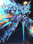  absurdres blue_eyes clenched_hand explosion floating highres holding holding_weapon huge_filesize looking_ahead mecha mecha_request no_humans papa-kun_(destiny549-2) phantasy_star phantasy_star_online_2 science_fiction solo v-fin weapon 