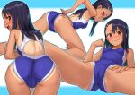  1girl ass black_hair blue_swimsuit blush breasts brown_eyes cameltoe competition_swimsuit dark_skin fang grin hair_ornament hairclip highleg highleg_swimsuit highres ijiranaide_nagatoro-san kawakami_rokkaku long_hair looking_at_viewer lying multiple_views nagatoro_hayase on_back one-piece_swimsuit one-piece_tan skin_fang small_breasts smile spread_legs swimsuit tan tanline 