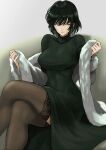  1girl :o anagumasan breasts crossed_legs fubuki_(one-punch_man) fur_trim gradient gradient_background green_eyes green_hair highres large_breasts looking_to_the_side one-punch_man short_hair sitting solo thighhighs 