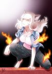  animal_ears bakemonogatari barefoot black_hanekawa black_pants blue_jacket breasts buttons cat_ears cleavage eyelashes fire full_body grey_hair hanekawa_tsubasa huumoon jacket monogatari_(series) open_clothes open_jacket pants shirt white_hair white_shirt yellow_eyes 