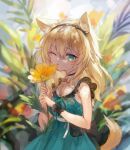  1girl animal_ear_fluff animal_ears arknights black_bow black_choker black_hairband blonde_hair bow choker collarbone dog_ears dog_girl dog_tail dress flower green_dress green_eyes hair_between_eyes hairband highres holding holding_flower long_hair looking_at_viewer official_alternate_costume one_eye_closed plant podenco_(arknights) podenco_(wake_up_from_a_nap)_(arknights) pouch smile solo spacelongcat tail tongue tongue_out upper_body wrist_cuffs 