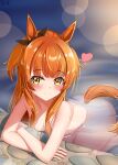  1girl absurdres ass blurry blurry_background blush breasts collarbone highres horse_girl horse_tail long_hair looking_at_viewer mayano_top_gun_(umamusume) medium_breasts onsen orange_eyes orange_hair sif123456 signature smile solo tail umamusume water wet 