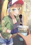  absurdres bandaid blonde_hair blue_eyes blush breasts cleavage commentary crop_top cup denim denim_shorts dorontabi drugged drugs fingerless_gloves giving gloves green_jacket hat highres incoming_drink incoming_gift jacket large_breasts microphone midriff mole mole_under_mouth open_mouth original outstretched_hand shorts smile sweat sweating_profusely twintails 