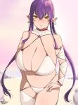  1girl blush boca breasts cleavage detached_sleeves elf hair_between_eyes hands_on_hips highres large_breasts long_hair looking_at_viewer original pointy_ears purple_hair single_thighhigh solo sweatdrop thighhighs twintails white_legwear yellow_eyes 