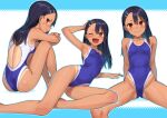  1girl ass back barefoot black_hair blue_swimsuit blush breasts brown_eyes competition_swimsuit fang hair_ornament hairclip highleg highleg_swimsuit highres ijiranaide_nagatoro-san kawakami_rokkaku long_hair looking_at_viewer multicolored multicolored_clothes multicolored_swimsuit multiple_views nagatoro_hayase one-piece_swimsuit one-piece_tan one_eye_closed open_mouth skin_fang small_breasts smile swimsuit tan tanline 