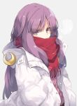  1girl alternate_costume coat contemporary crescent grey_background hood jacket long_hair patchouli_knowledge purple_eyes purple_hair red_scarf satou_kibi scarf simple_background solo touhou upper_body white_jacket winter_clothes winter_coat 