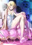  1girl :q bakemonogatari barefoot blonde_hair breasts checkered checkered_wall cleavage crossed_legs doughnut dress fingernails food food_on_body food_on_face green_eyes hair_between_eyes highres legs long_fingernails long_hair looking_at_viewer monogatari_(series) off-shoulder_dress off_shoulder oshino_shinobu pink_x small_breasts soles solo tongue tongue_out very_long_hair wall white_dress 