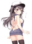  1girl ass azur_lane back backless_outfit bare_arms bare_shoulders black_legwear bow breasts dress from_behind fur_hat grey_hair grey_sweater grin hair_bow hat highres large_breasts long_hair looking_at_viewer looking_back meme_attire no_bra one_side_up pamiat_merkuria_(azur_lane) papakha peaked_cap pink_eyes ribbed_sweater shoulder_blades simple_background sleeveless_sweater smile solo sweater sweater_dress thighhighs thighs virgin_killer_sweater white_background white_headwear yamasan zettai_ryouiki 