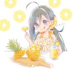  1girl ahoge alternate_costume blue_eyes blue_hair blush colis dress drinking_straw food fork fruit grey_hair holding holding_fork kantai_collection kiyoshimo_(kancolle) long_hair low_twintails pineapple sleeveless sleeveless_dress smile solo tongue tongue_out twintails 