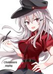  1girl black_gloves black_headwear black_skirt fang fathom gangut_(kancolle) gloves grey_hair hand_on_hip hat highres holding holding_pipe kantai_collection long_hair looking_at_viewer one-hour_drawing_challenge peaked_cap pipe red_eyes red_shirt remodel_(kantai_collection) scar scar_on_cheek scar_on_face shirt simple_background skin_fang skirt solo twitter_username upper_body white_background 