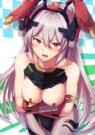  1girl animal_ears arm_armor armor blush breasts bunny_ears charolic_(girls&#039;_frontline_2) crossed_arms embarrassed eyebrows_visible_through_hair girls&#039;_frontline_2:_exilium hair_between_eyes headgear highres leotard looking_at_viewer open_mouth red_eyes silver_hair solo xlscaler 