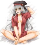  1girl akimoto_dai barefoot breasts commentary_request convenient_leg full_body gangut_(kancolle) grey_hair highres indian_style kantai_collection long_hair looking_at_viewer medium_breasts no_bra open_clothes open_shirt pipe_in_mouth red_shirt scar scar_on_cheek scar_on_face shirt sitting solo yellow_eyes 