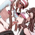  2girls baseball_cap black_vest blue_eyes blush breasts brown_hair censored erection fellatio futa_with_female futanari grabbing_another&#039;s_hair hat high_ponytail hilda_(pokemon) licking licking_penis long_hair mosaic_censoring multiple_girls nutkingcall open_mouth oral penis penis_grab pokemon pokemon_(game) pokemon_bw raglan_sleeves rosa_(pokemon) shirt tongue tongue_out twintails vest visor_cap white_background 