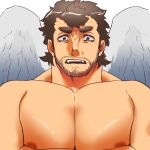  1boy bara beard blush close-up completely_nude facial_hair feathered_wings halo large_pectorals male_focus mature_male muscular muscular_male nether_angel_(tokyo_houkago_summoners) nipples nude pectoral_focus pectorals shinonome_kaikou short_hair sideburns solo stubble thick_eyebrows tokyo_houkago_summoners upper_body wings 
