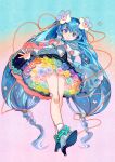  1girl aqua_eyes aqua_flower aqua_hair aqua_ribbon black_skirt blue_flower cape colorful detached_sleeves dress_flower flower from_below full_body green_flower hair_flower hair_ornament hatsune_miku high_heels highres jamjar10161764 long_hair looking_at_viewer magical_mirai_(vocaloid) miniskirt orange_flower pink_flower pleated_skirt purple_flower rainbow red_flower red_ribbon ribbon shirt skirt smile solo twintails very_long_hair vocaloid white_flower white_footwear white_shirt white_sleeves yellow_flower 