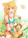  1girl :d animal_ear_fluff animal_ears bangs barefoot bikini blonde_hair blue_bikini blush breasts brown_gloves cat_ears cat_girl cat_tail cleavage commentary_request elbow_gloves eyebrows_visible_through_hair fur-trimmed_gloves fur_trim gloves hair_between_eyes hair_ornament hairclip highres hiyori_(princess_connect!) looking_at_viewer medium_breasts on_grass open_mouth outdoors paw_gloves paws princess_connect! purple_eyes rinrin_(927413) sitting smile solo swimsuit tail 