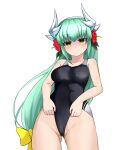  1girl black_swimsuit bow breasts cameltoe competition_swimsuit covered_navel cowboy_shot d_z dragon_girl dragon_horns fate/grand_order fate_(series) flower green_hair hair_bow hair_flower hair_ornament highres horns kiyohime_(fate) kiyohime_(swimsuit_lancer)_(fate) long_hair low-tied_long_hair multiple_horns one-piece_swimsuit red_flower small_breasts solo swimsuit yellow_bow yellow_eyes 