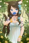  1girl absurdres animal_ear_fluff animal_ears bangs black_hair blue_eyes blurry blurry_background blush breasts cat_ears cat_tail choker dress flower forest hair_flower hair_ornament highres long_hair looking_at_viewer medium_breasts nature nekoze_(s22834712) original parted_bangs solo tail tu_ya_(nekoze) 