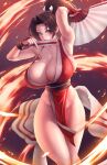  1girl arm_up breasts brown_eyes brown_hair cleavage collarbone eu03 fan fatal_fury fire highres huge_breasts long_hair looking_at_viewer ponytail shiranui_mai solo the_king_of_fighters thighs 
