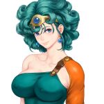  asymmetrical_clothes blue_eyes breasts commentary_request covered_nipples curly_hair dragon_quest dragon_quest_iv earrings green_hair headpiece heroine_(dq4) jewelry looking_at_viewer short_hair shu-mai slime_(dragon_quest) upper_body 