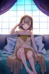  1girl bangs barefoot bed bed_sheet blonde_hair blunt_bangs blush bow braid briar_rose_(sinoalice) closed_mouth crop_top curtains kyashii_(a3yu9mi) looking_at_viewer navel one_eye_closed pajamas pillow rubbing_eyes shorts sinoalice solo window yellow_eyes 