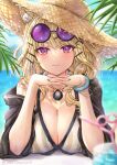  1girl :3 animal_ear_fluff aqua_nails arknights bangs bare_shoulders bikini blonde_hair blue_sky breasts cleavage cloud commentary_request day drinking_straw eyewear_on_head hat head_rest highres interlocked_fingers jewelry large_breasts long_hair long_sleeves looking_at_viewer nail_polish necklace off_shoulder official_alternate_costume outdoors purple_eyes sky slit_pupils smile solo striped striped_bikini sun_hat sunglasses swimsuit tamaso twitter_username upper_body utage_(arknights) utage_(summer_flowers)_(arknights) vertical-striped_bikini vertical_stripes white_bikini 