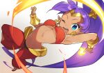  1girl arabian_clothes armpits bandeau blue_eyes breasts cleavage dark-skinned_female dark_skin earrings gradient gradient_background harem_pants hoop_earrings jewelry kin_niku long_hair medium_breasts midriff one_eye_closed pants pointy_footwear ponytail purple_hair red_footwear shantae_(character) shantae_(series) simple_background solo very_long_hair 