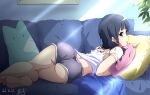  1girl arched_back ass ass_focus back bangs bare_legs barefoot blouse blue_hair couch dated dolphin_shorts hibike!_euphonium highres indoors light_rays liz_to_aoi_tori looking_at_viewer medium_hair nii_manabu open_mouth pillow plant red_eyes shiny short_shorts shorts signature soles solo sunbeam sunlight thighs yoroizuka_mizore 