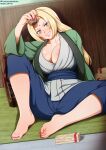  1girl alcohol areolae arm_on_knee barefoot blonde_hair blue_pants bottle breast_cutout breasts carpet choko_(cup) cleavage cleavage_cutout clothing_cutout collarbone cup curvy drunk feet gambling green_jacket holding huge_breasts indoors jacket japanese_clothes kimono leaning_on_rail long_hair lying nail_polish naruto naruto_(series) naruto_shippuuden neocoill no_shoes no_socks obi pants patreon_logo patreon_username red_nails ribbon sake sake_bottle sash shiny shiny_hair shiny_skin smile solo teeth tsunade_(naruto) uncensored very_long_hair waistcoat watermark web_address wide_sleeves wooden_floor yellow_eyes 