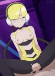  1boy 1girl areolae artist_name bangs blonde_hair blunt_bangs blush breasts breasts_outside collarbone commentary commission cum cum_in_pussy elesa_(pokemon) grey_eyes gym_leader headphones hedit hetero highres medium_breasts nipples overflow pantyhose parted_lips penis pokemon pokemon_(game) pokemon_bw pussy sex shiny shiny_hair short_hair solo_focus spread_legs torn_clothes torn_legwear vaginal veins watermark web_address 