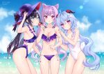  3girls ahoge aqua_hair artist_name ass beach bikini black_hair blurry blurry_background braid breasts cleavage cloud covered_navel double_bun ears flower food frilled_bikini frills ganyu_(genshin_impact) genshin_impact green_eyes hair_flower hair_ornament hand_on_another&#039;s_arm hand_on_headwear hat heart highleg highleg_bikini horns ice_cream keqing_(genshin_impact) lens_flare long_hair looking_at_viewer medium_breasts mona_(genshin_impact) multiple_girls nail_polish nami_(nyaa) navel ocean one-piece_swimsuit open_mouth pink_eyes pixiv_username ponytail purple_eyes purple_hair purple_nails side-tie_bikini sidetails sky small_breasts smile swimsuit tongue twintails twitter_username wavy_hair 