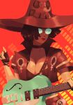  1girl black_hair choker electric_guitar fingerless_gloves gloves guilty_gear guilty_gear_strive guitar hat highres i-no instrument jacket red_headwear red_jacket red_lips short_hair sunglasses tinted_eyewear venus_symbol witch_hat 